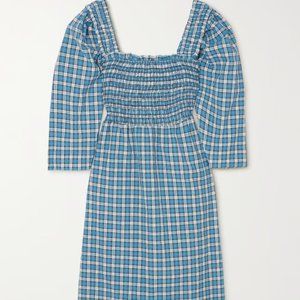 Ganni seersucker midi dress - blue and white, organic cotton blend